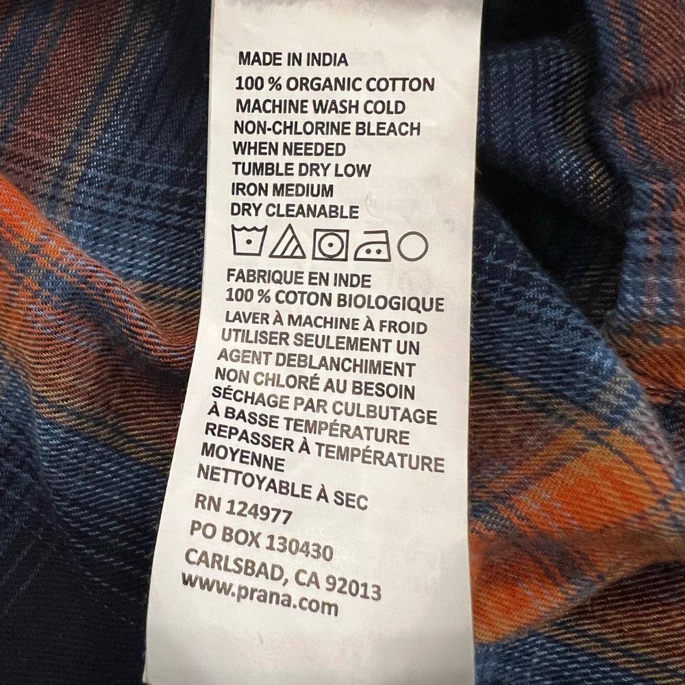Prana Long Sleeve Button Down Flannel Shirt Navy and Rust Plaid Size M - Picture 9 of 9